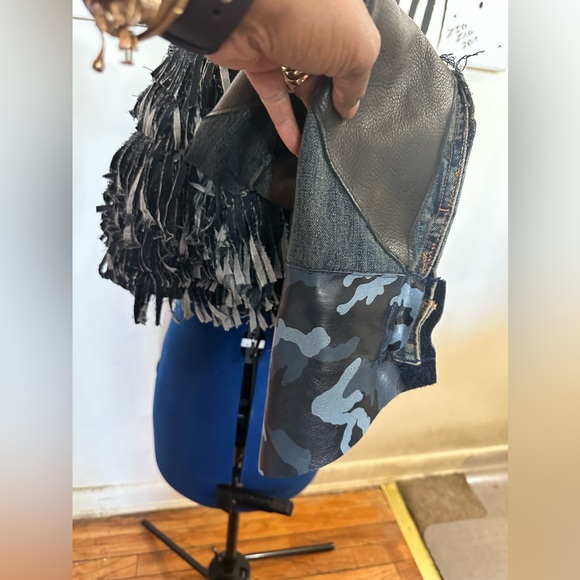 Women’s Denim/Blue Camouflaged/Black Leather Fringed Jacket ❌SOLD❌ - Picture 4 of 5